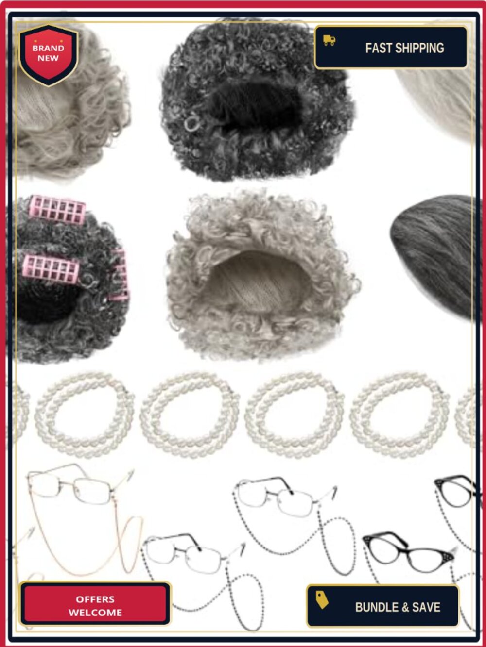 18 Pc Old Lady Wig Set Granny Costume Accessories for Halloween Cosplay